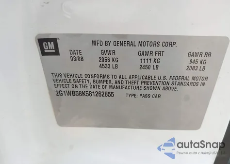 2008 Chevrolet Impala Ls z USA, uszkodzony, nr VIN 2G1WB58K581262855